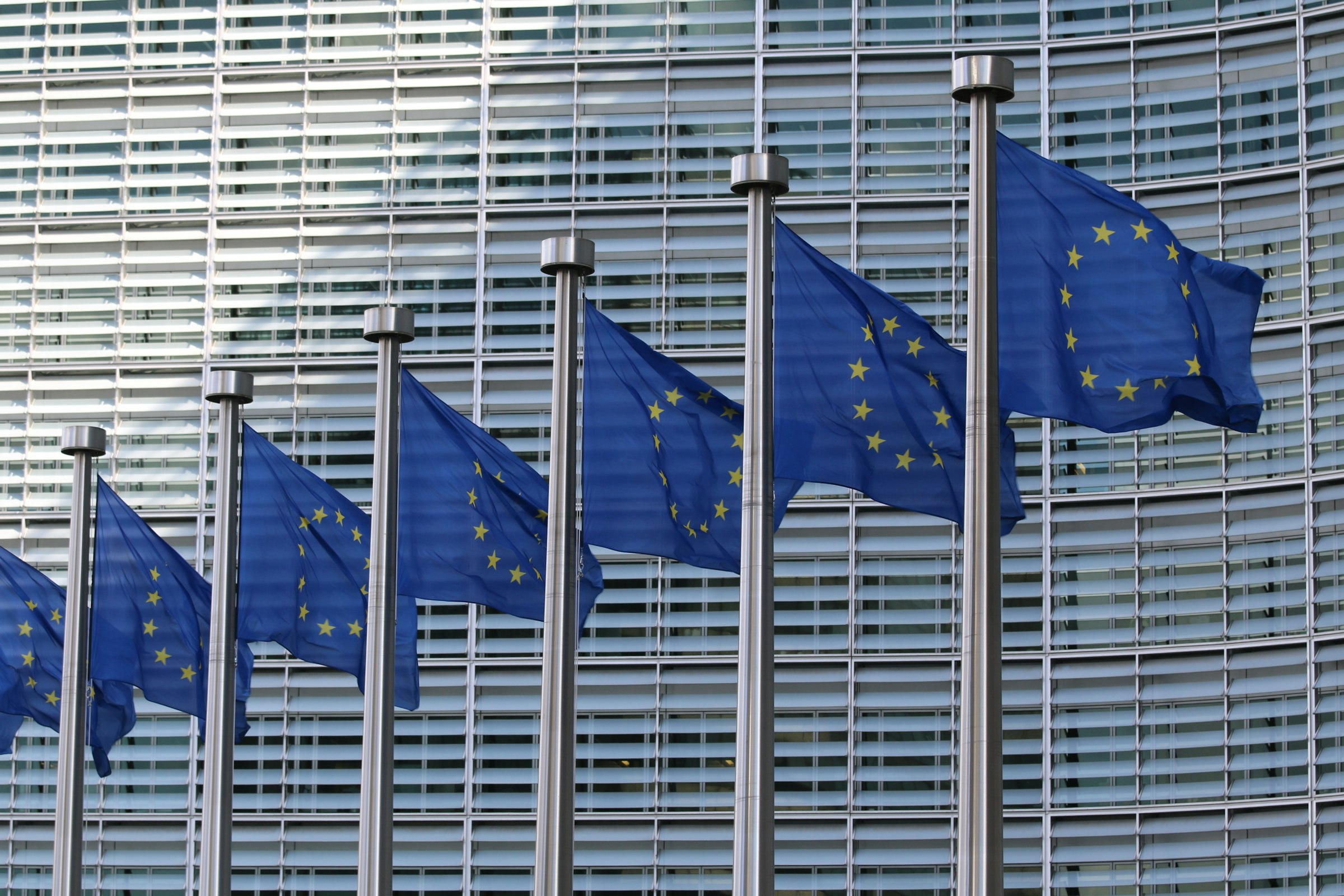 Bandiere dell'Unione Europea che sventolano davanti a un edificio istituzionale