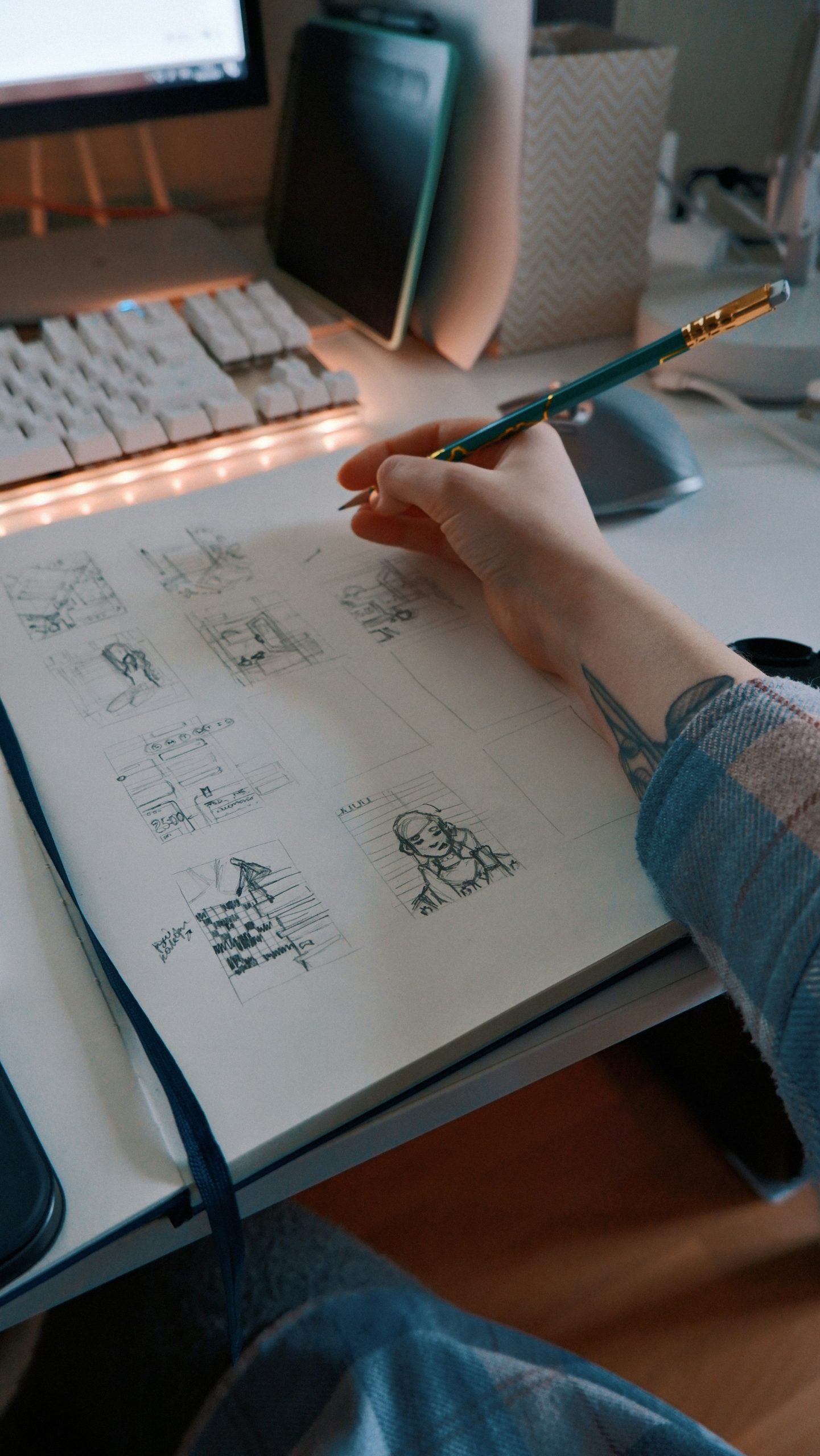 Mano che disegna schizzi di progettazione su un quaderno alla scrivania